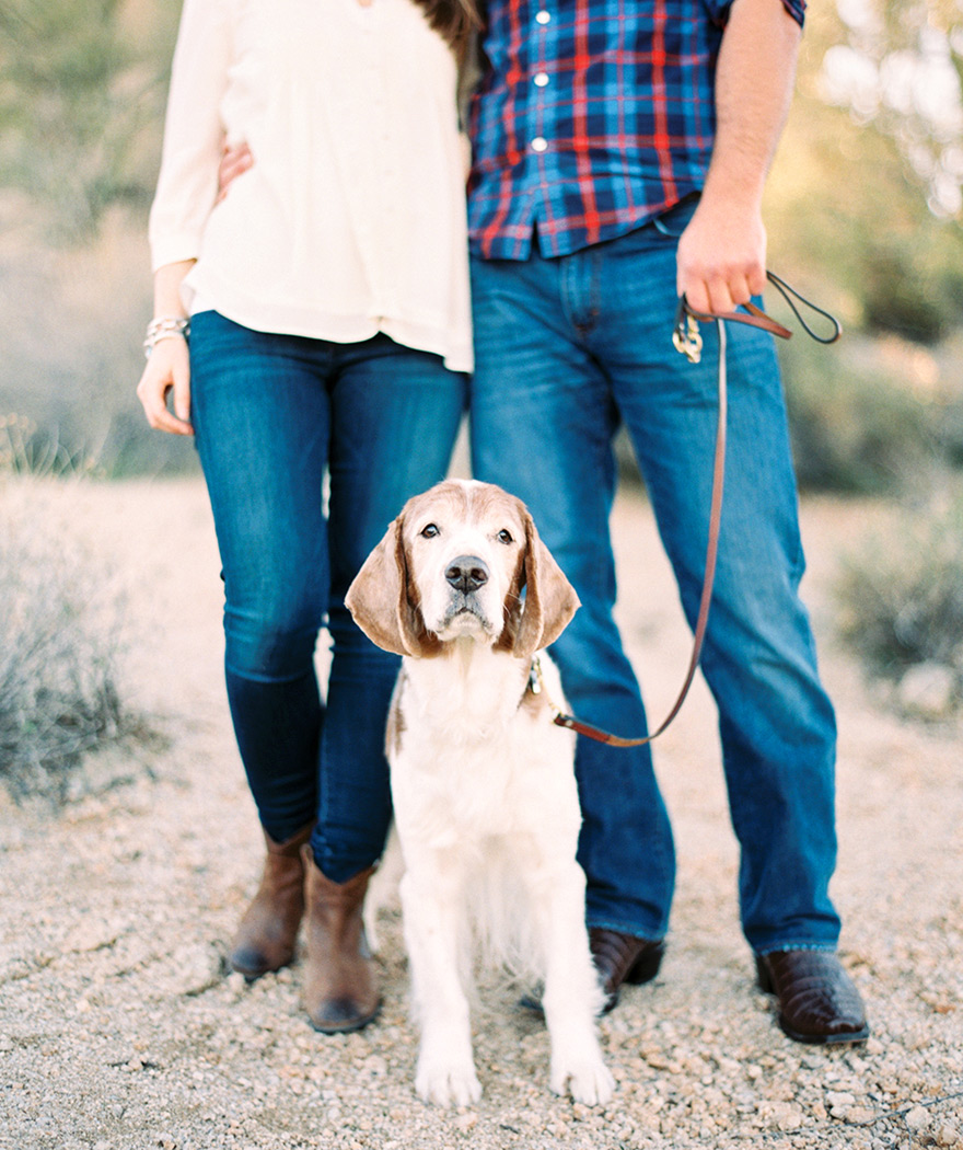 Adorable pup with his family. Arizona desert engagement shoot. Boots & jeans.