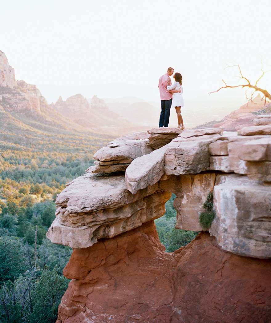 Epic shot on Merry-Go-Round Rock at sunset! Such a beautiful couple, celebrating their engagement.