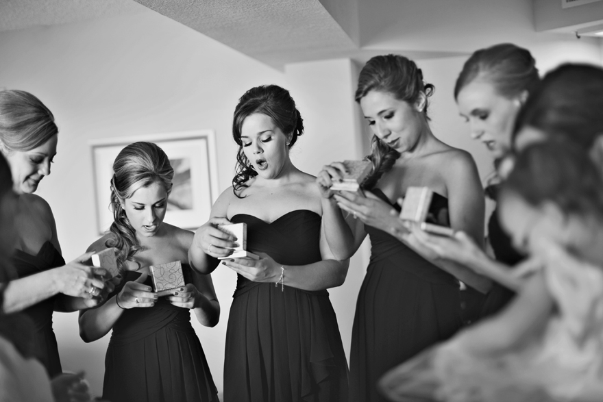 Bridesmaids reaction from opening their personal jewelry piece from bride. 
