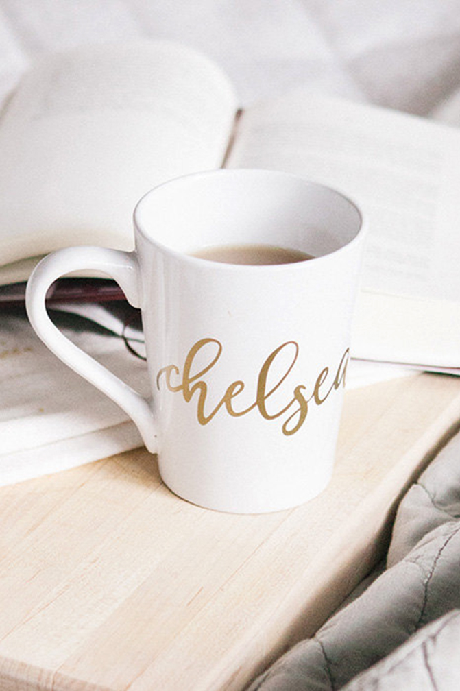 Custom white and gold mug for bridesmaid. 