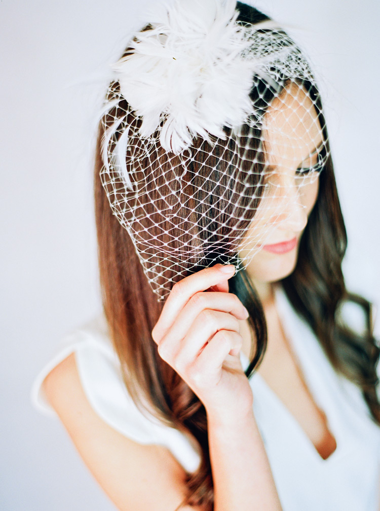 Birdcage veil with feathered accent over sleek, long hair. Bridal beauty.