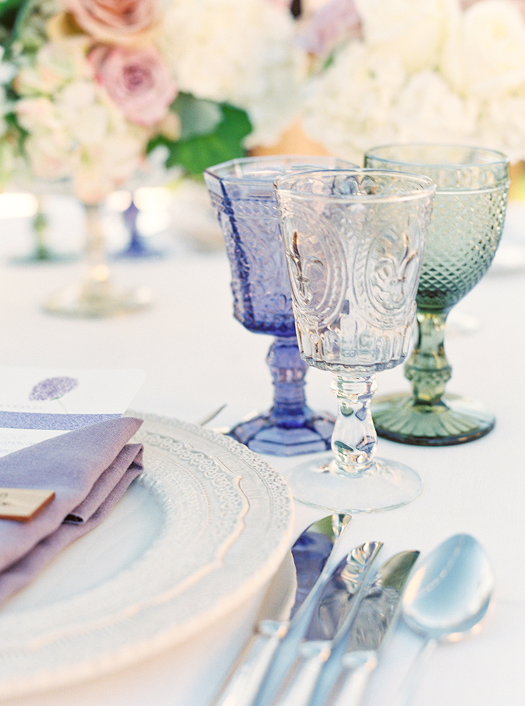 Unique table setting glass cups outdoors wedding