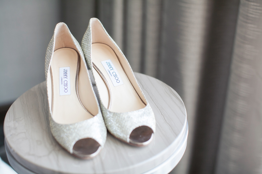 Shimmering Jimmy Choo shoes for the bride on her wedding day.