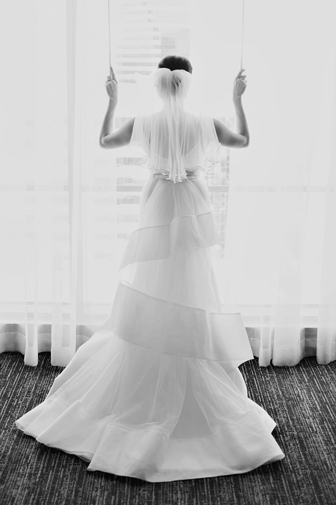 Portrait of a bride in her wedding gown.