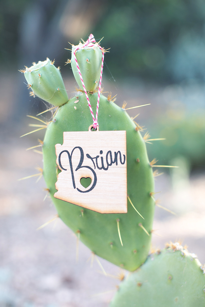 Custom wooden place cards. Desert Botanical Garden wedding.