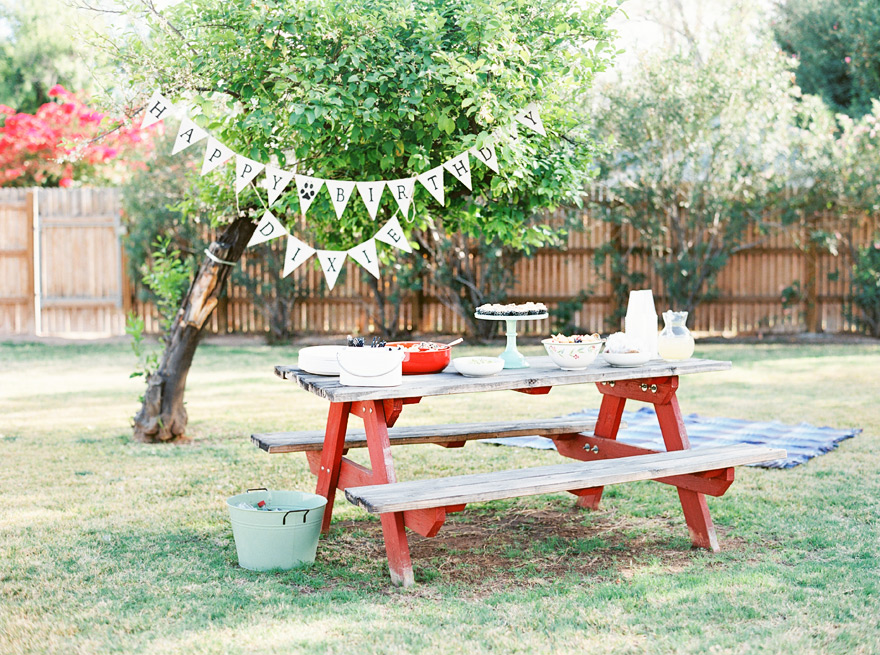 Casual outdoor wooden table placement with birthday decorations and food.