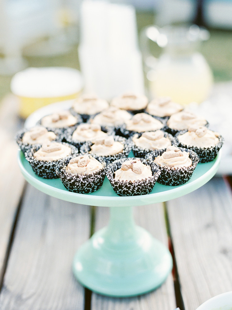 Puppy cupcake treats in teal holding display.