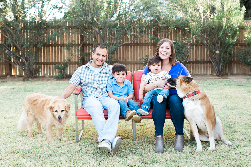 Family of four pose with older dogs. Outdoor play date.