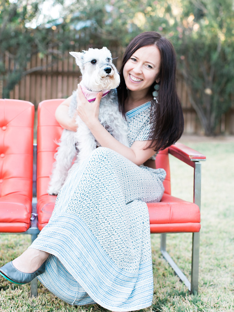 Melissa poses with birthday puppy Dixie. Outdoor play date.