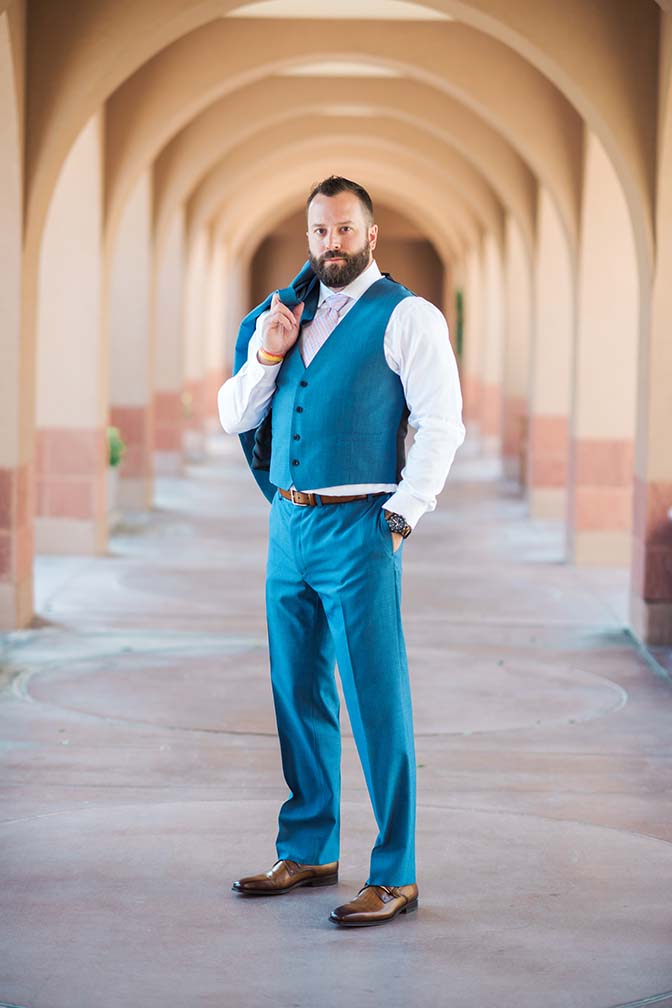 dapper blue three piece suit, groom style