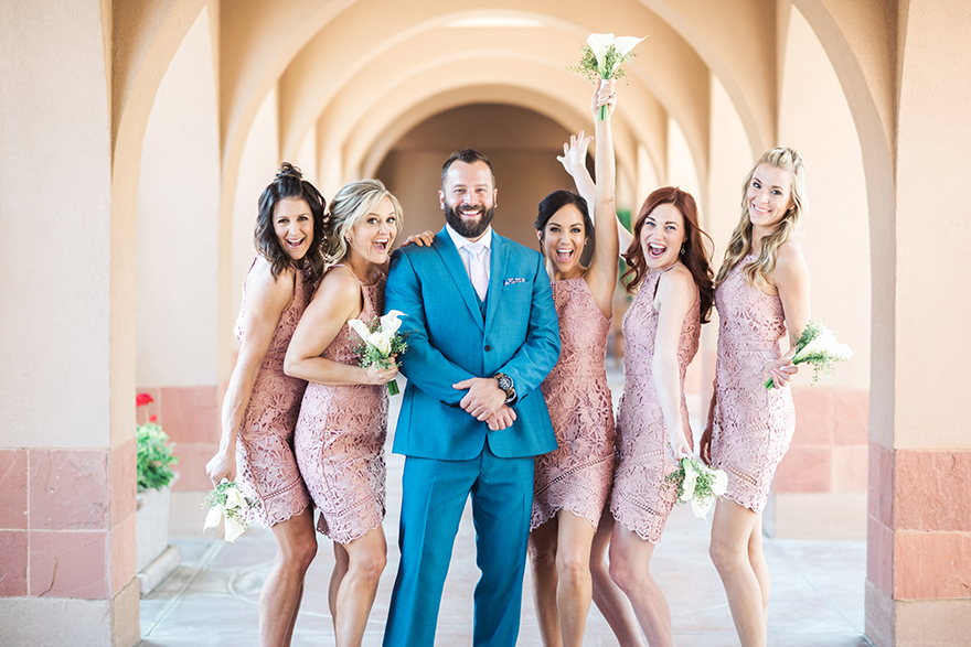 happy wedding party in pink and blue