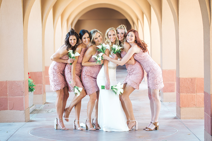 bridesmaids in pink lace