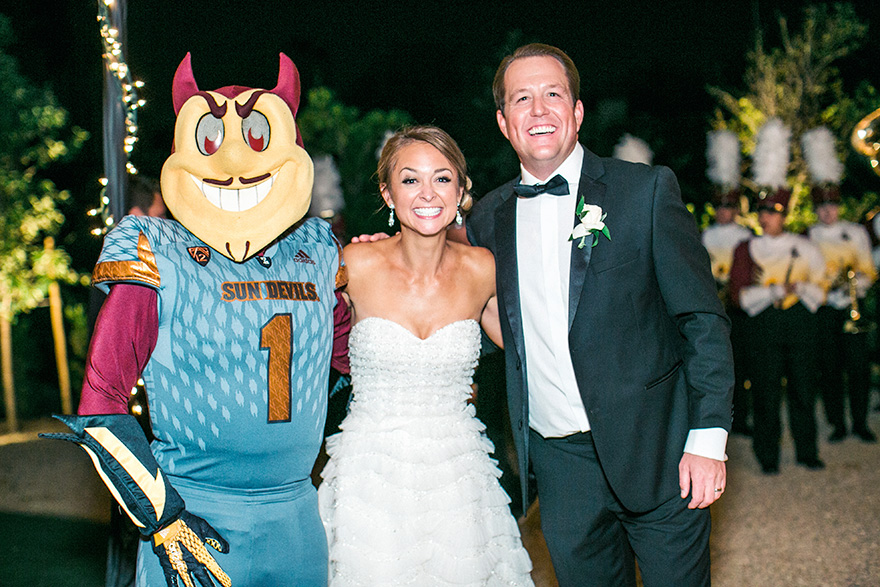 bride & groom with ASU's mascot Sparky