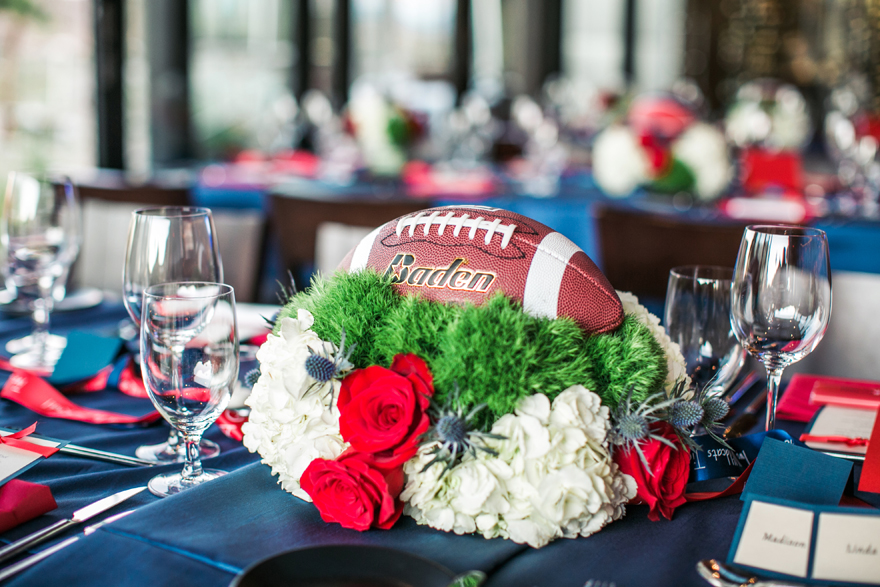 football centerpiece for a college themed rehearsal dinner