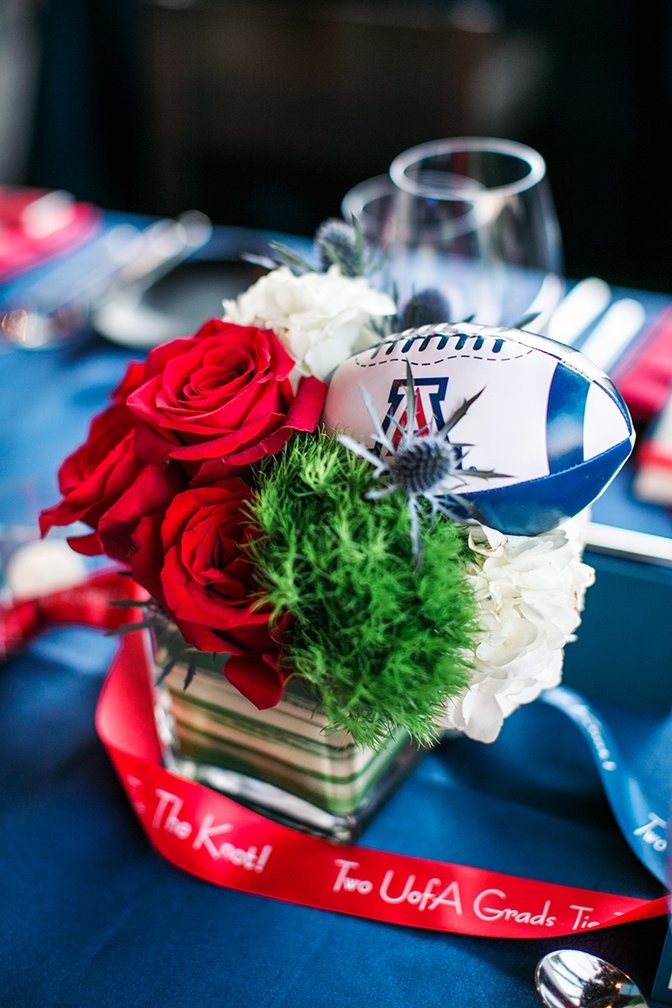 football centerpiece for a college themed rehearsal dinner