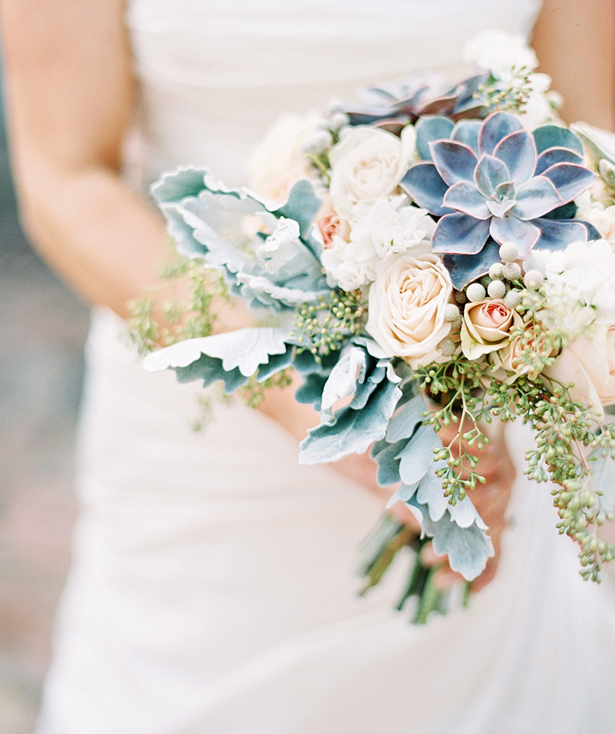 pale peach bouquet with succulents and dusty miller