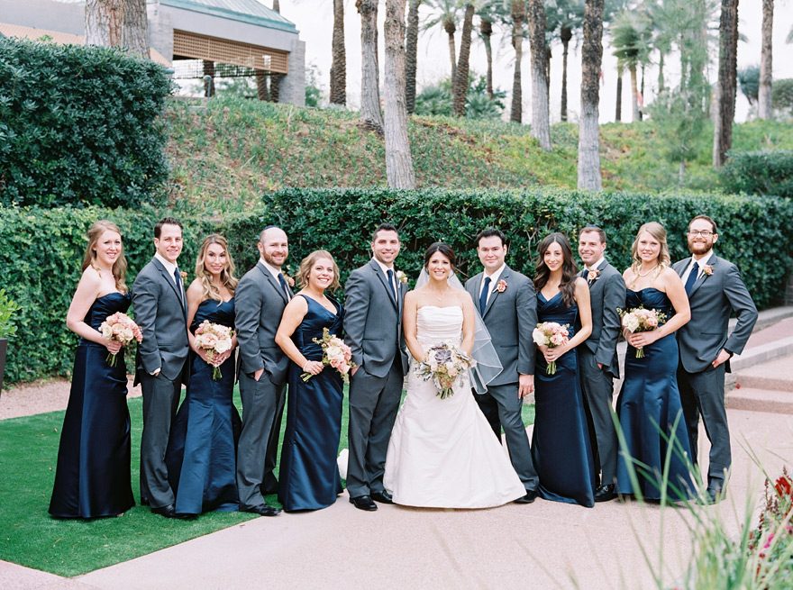 elegant bridal party in grey and midnight blue