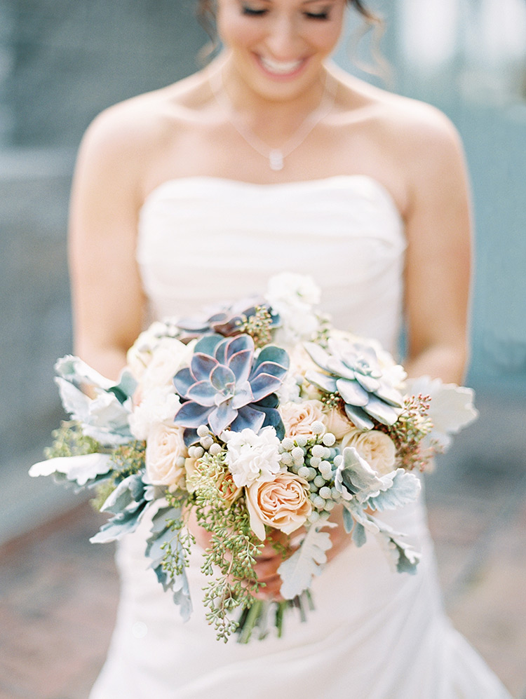 pale peach bouquet with succulents & dusty miller