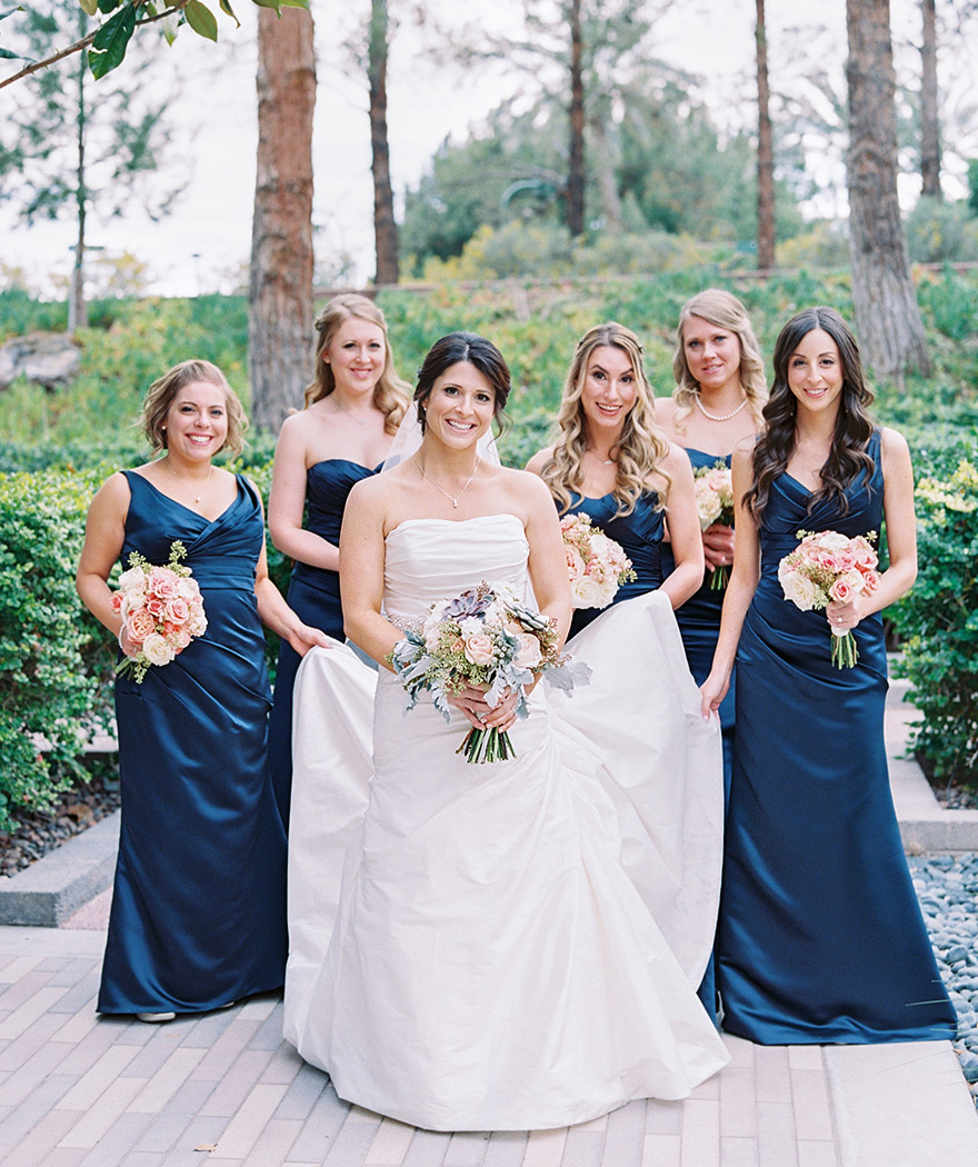 glamorous bridesmaids in midnight blue satin