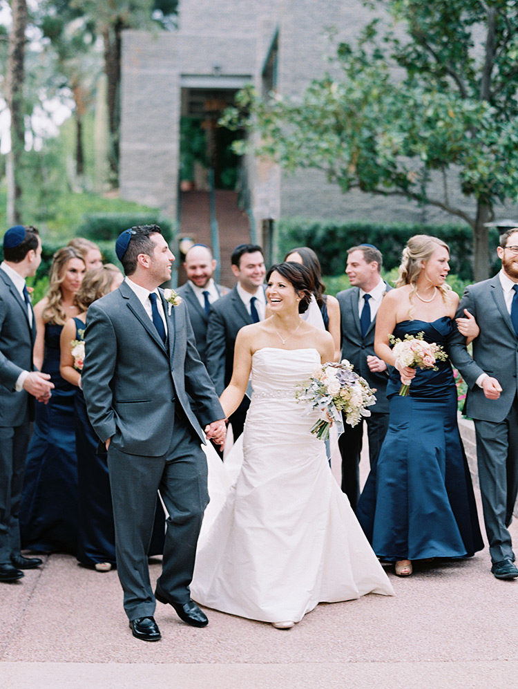 elegant bridal party in grey and midnight blue