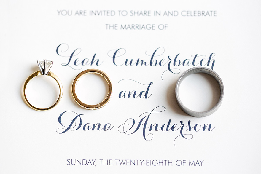 wedding rings on an elegant invitation