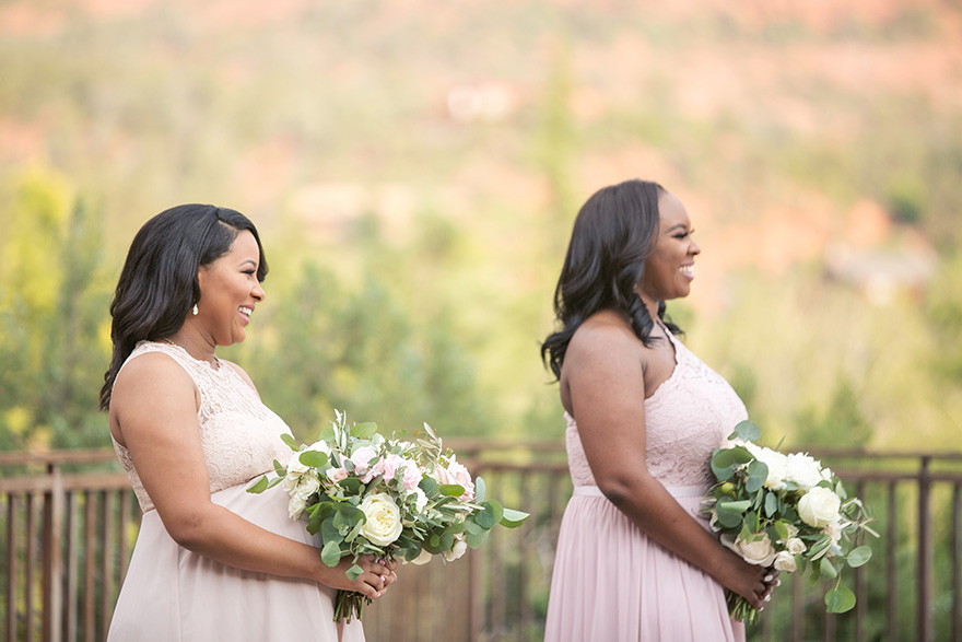 smiling bridesmaids in outdoor wedding at L'Auberge de Sedona