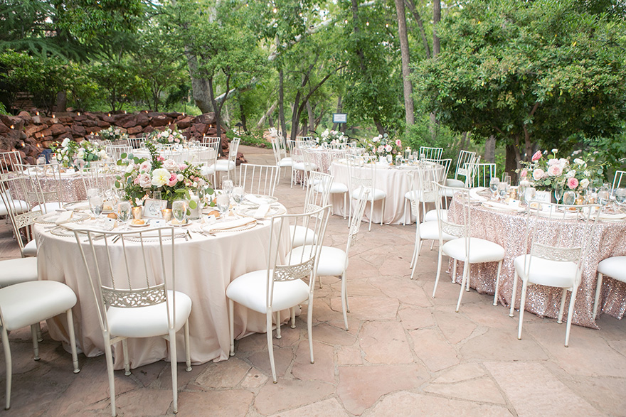 wedding reception with sequined linens and blush flowers
