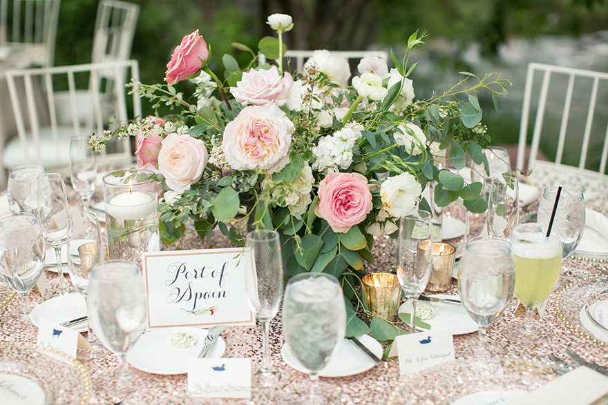 wedding reception with sequined linens and blush flowers