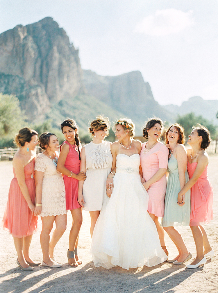 mismatched bridesmaids in pinks and green