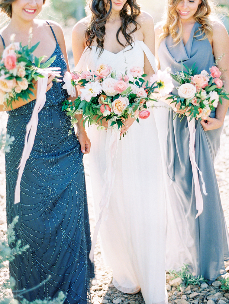 mismatched bridesmaids in blue and gray