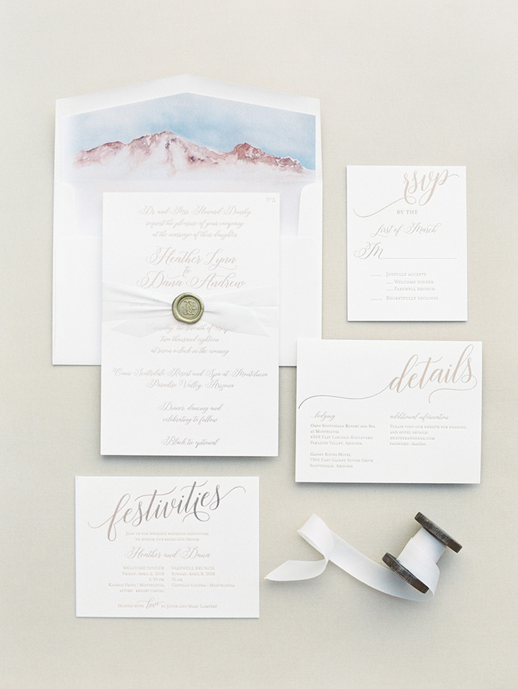 invitation suite with hand-lettering and watercolor details 