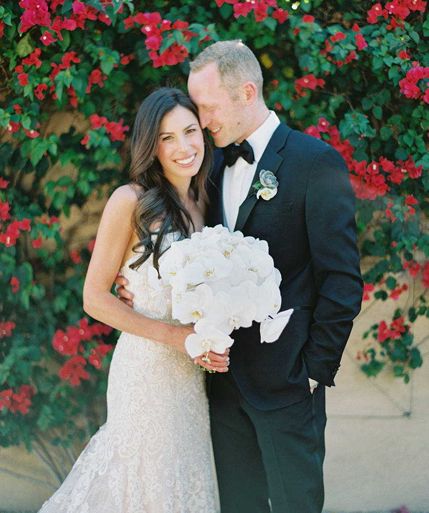 classic black tux and white lace wedding gown