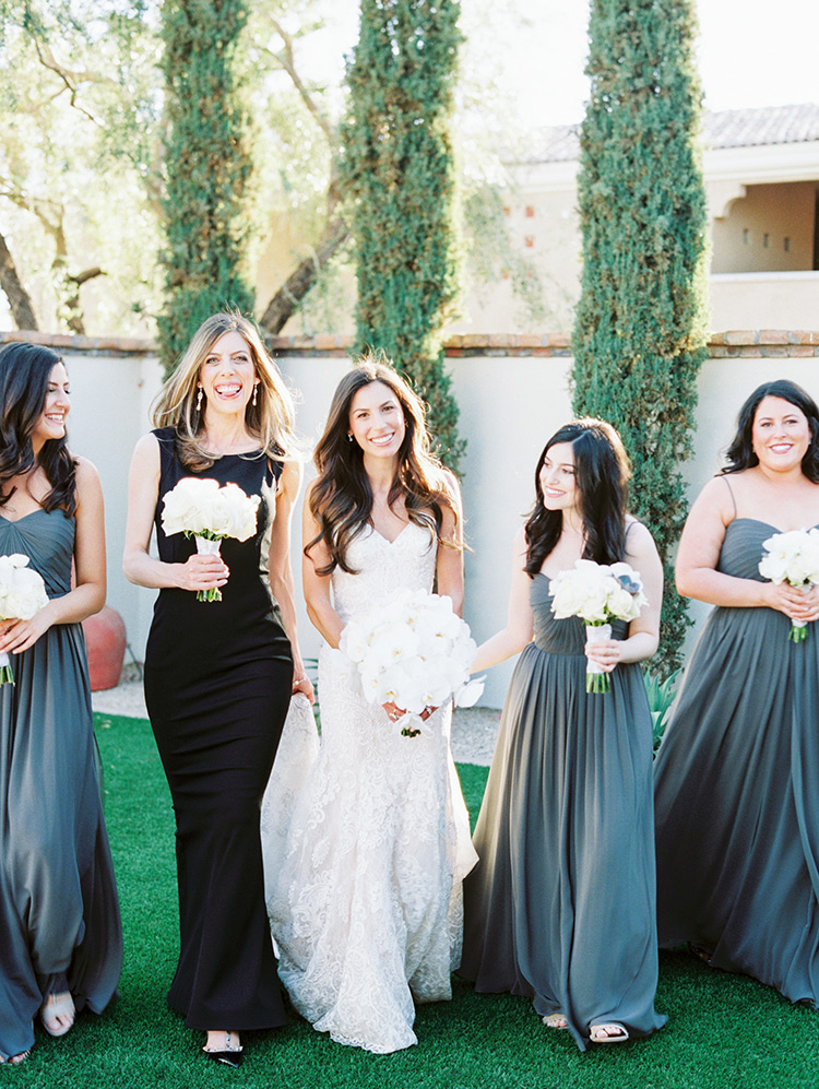 bridesmaids in gray and black