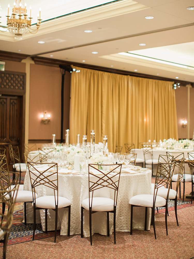 elegant ballroom reception with white flowers