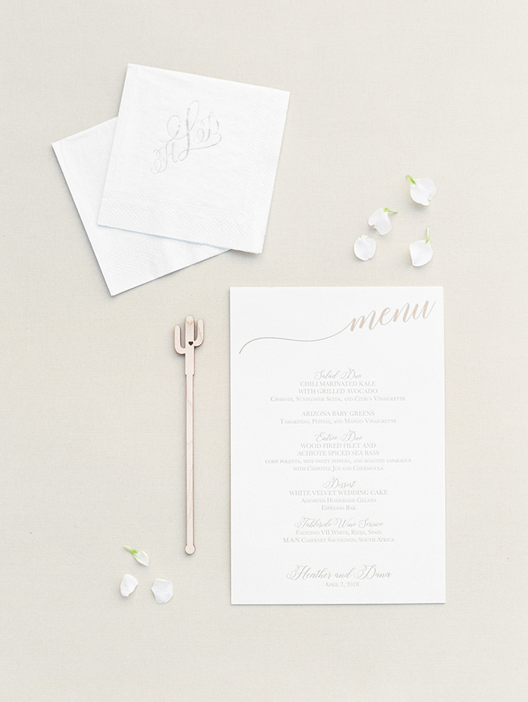 reception details with hand-lettered menu and cactus drink-stirrer