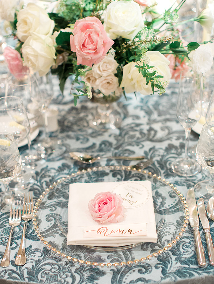 blush & cream flowers and baroque patterned linens, wedding reception