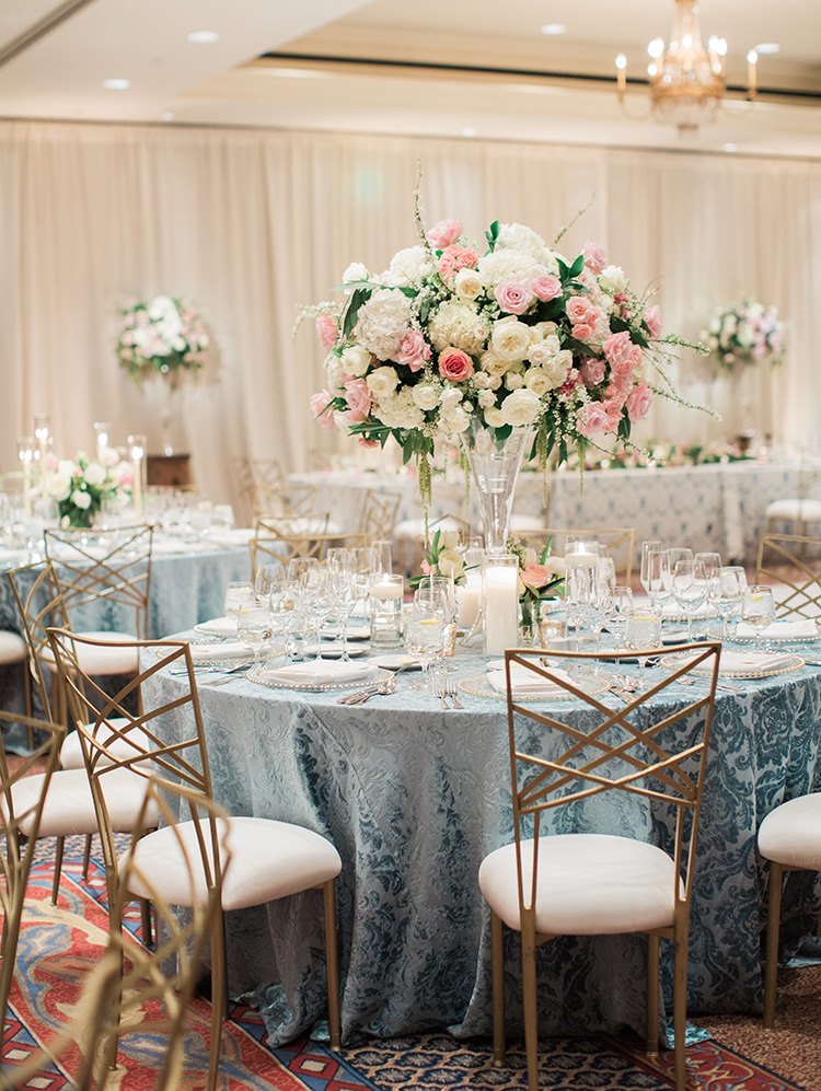 blush & cream flowers and baroque patterned linens, wedding reception