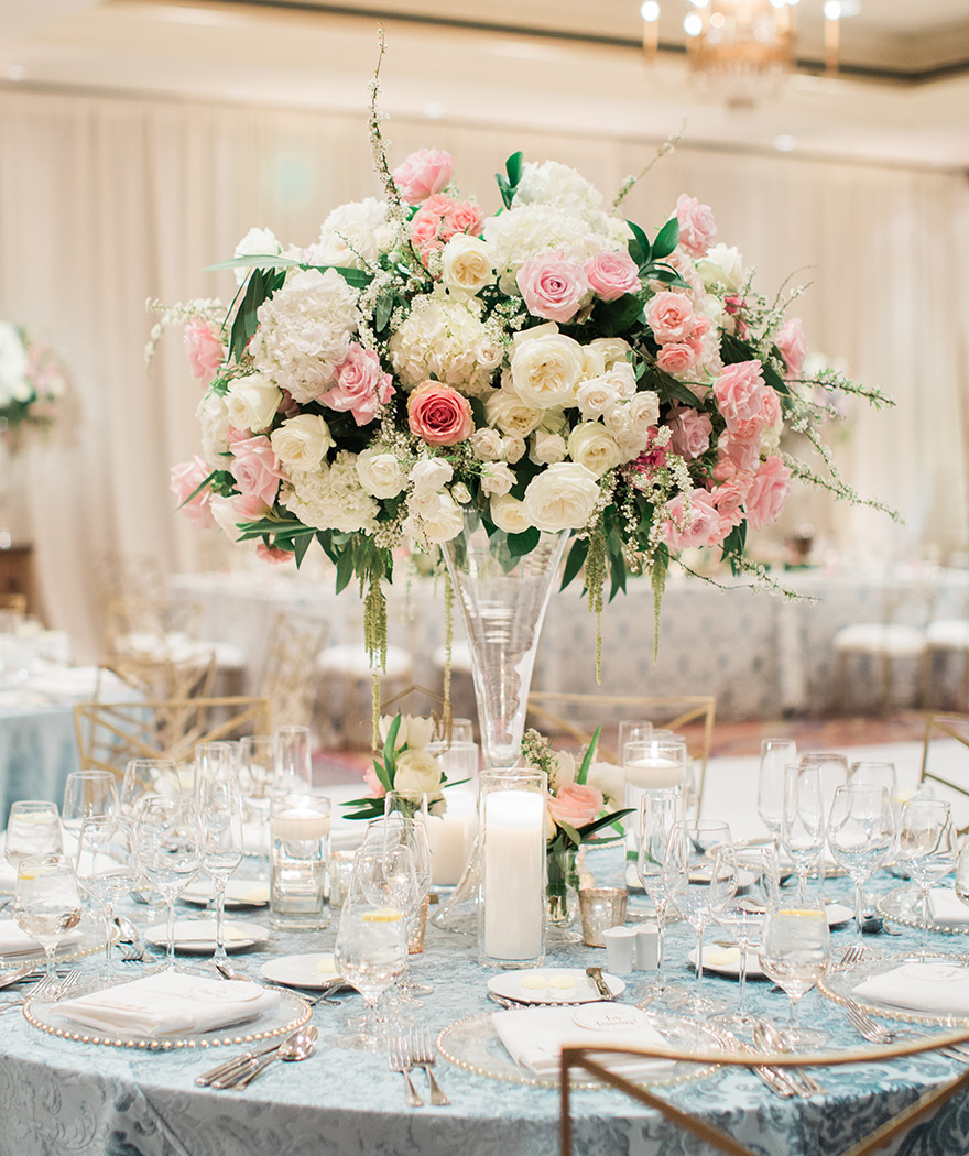 blush & cream flowers and baroque patterned linens, wedding reception