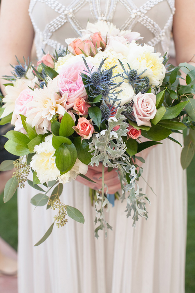 pink & white bouquet with thistles