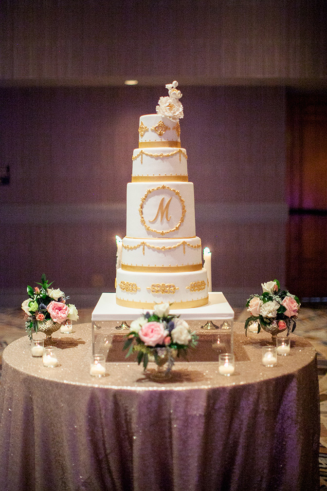 elegant gold & white wedding cake