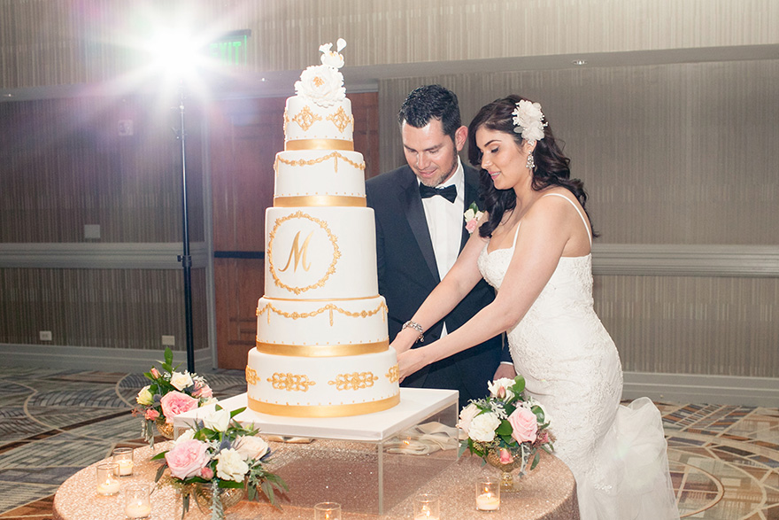 elegant gold & white wedding cake