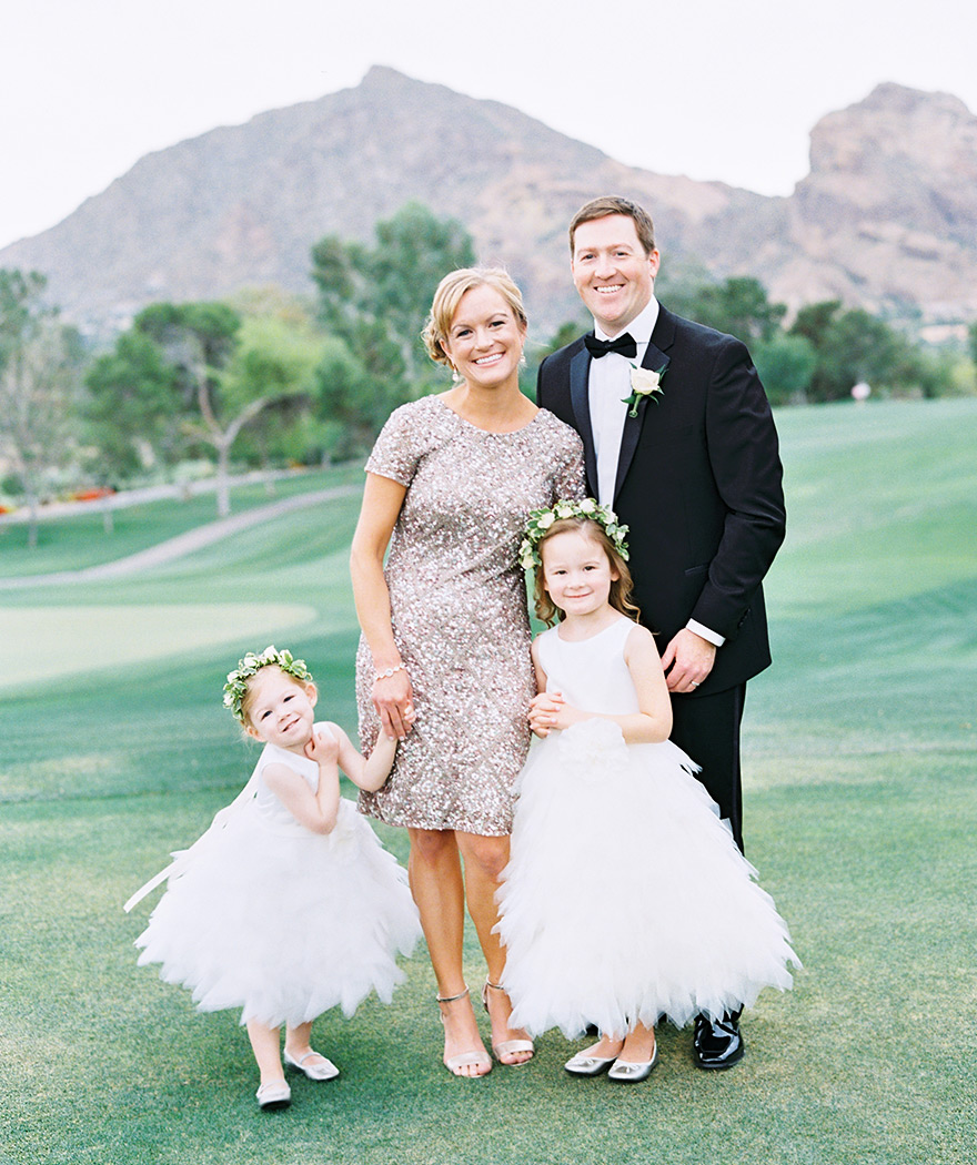 Wedding style! Adorable flower girls in ruffled dresses, bridesmaid in sequins.