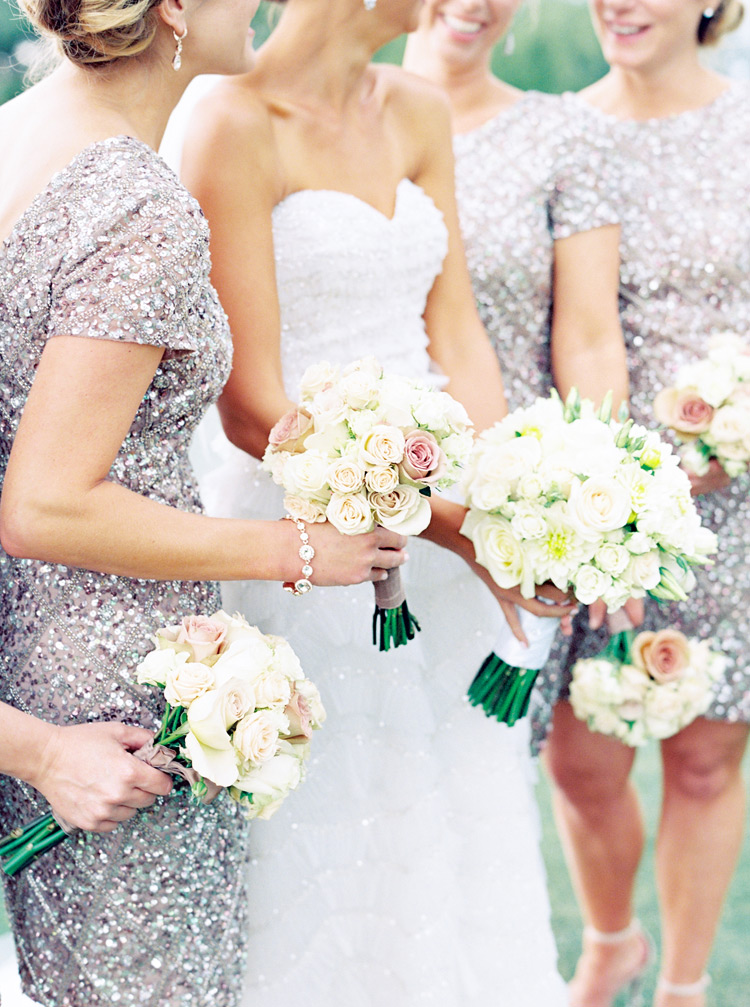 Geometric sequin bridesmaid dresses, bride in ruffles. Bridal party style