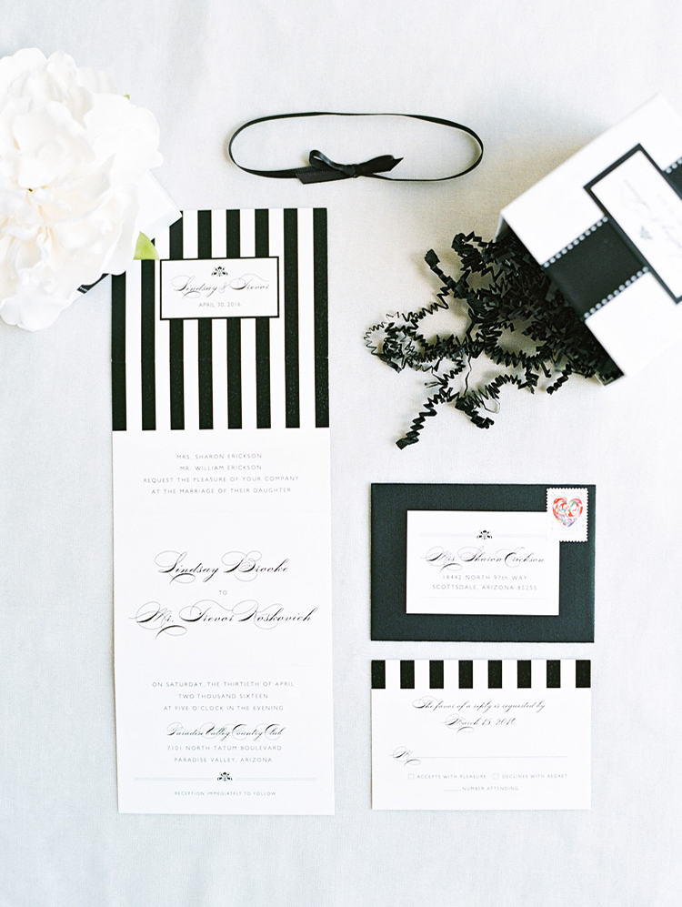 Elegant and modern invitation suite with black & white stripes. Wedding stationery