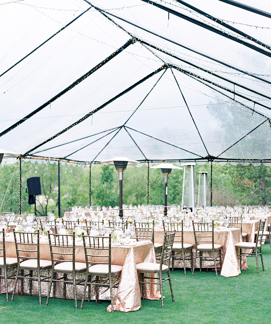 Spangles and sparkles! Sequined linens in outdoor wedding reception