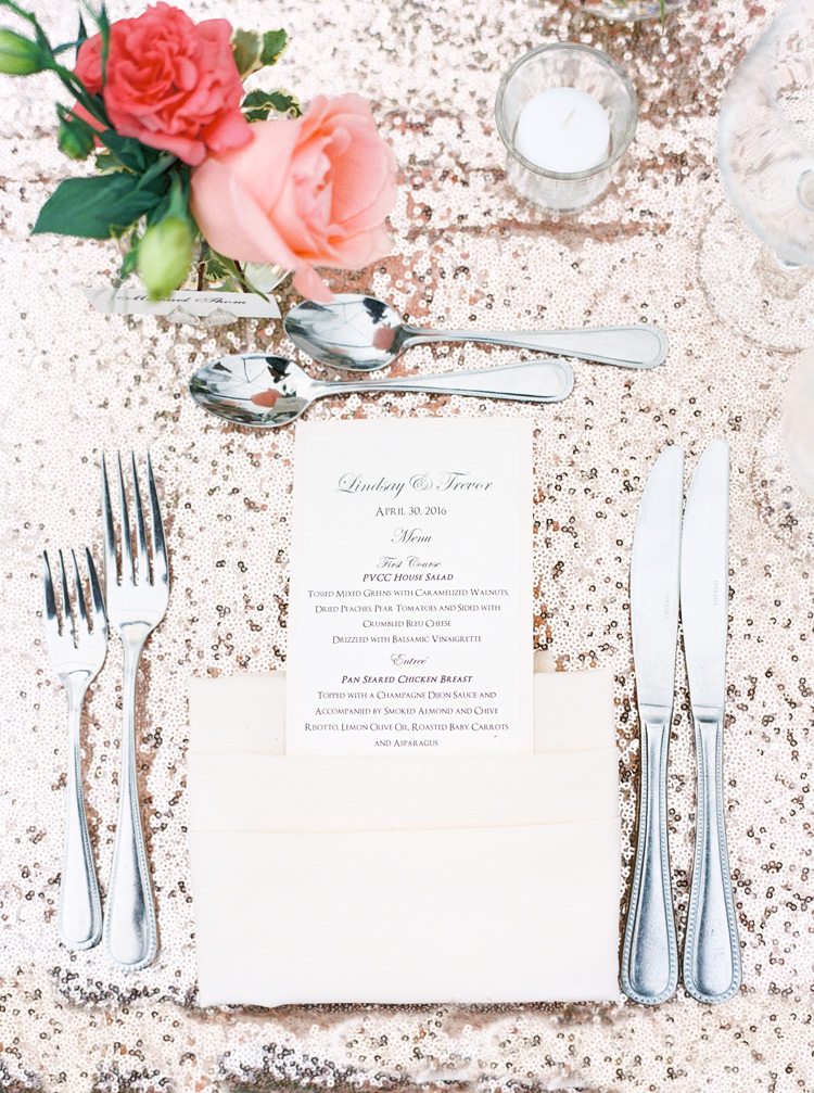 Sequined linens for an elegant outdoor wedding reception table