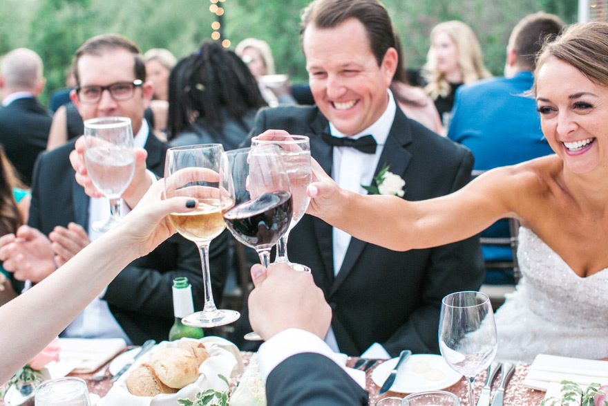 Raise a glass! Smiling bride & groom toast at their wedding reception