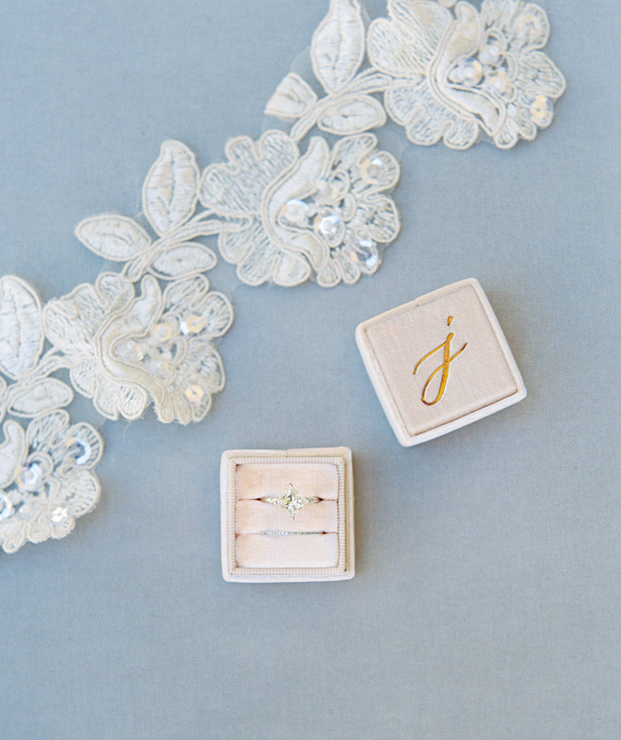 delicate bridal lace & a princess-cut engagement ring