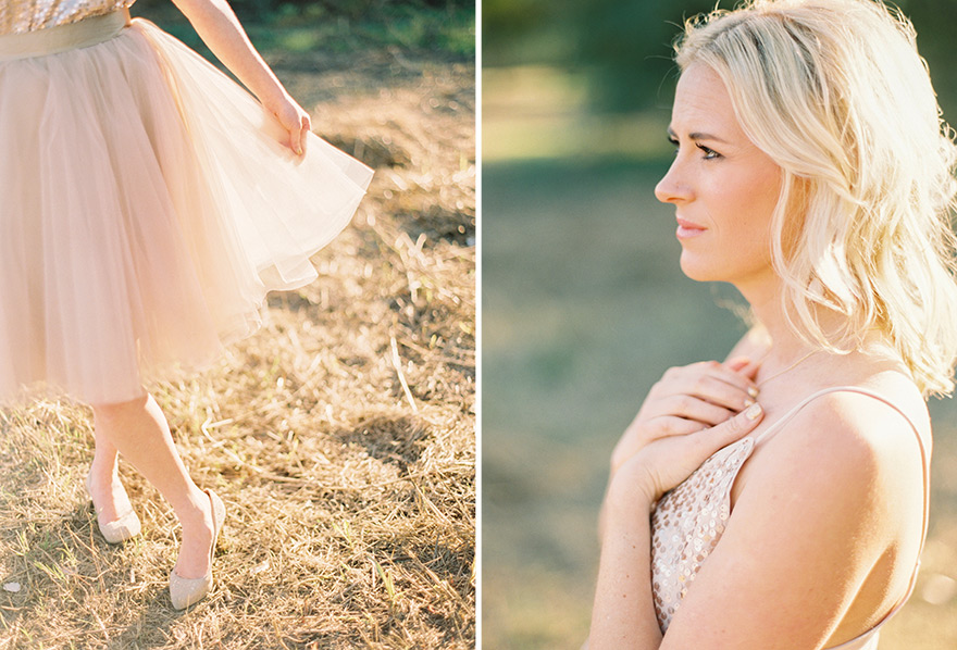 Blonde takes a moment reflecting in outdoor photo shoot. 