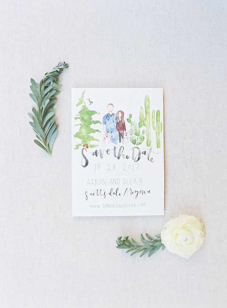 save-the-date with watercolor portrait by Celeste C. Clarke
